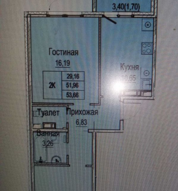 Продаётся 2-комнатная квартира, 53.6 м²