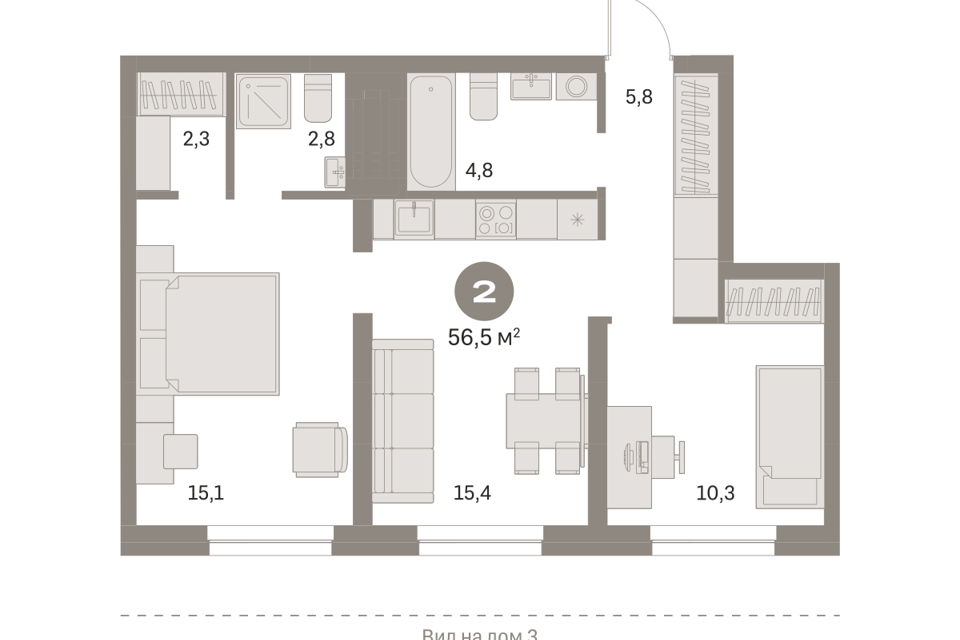 Продаётся 2-комнатная квартира, 56.49 м²