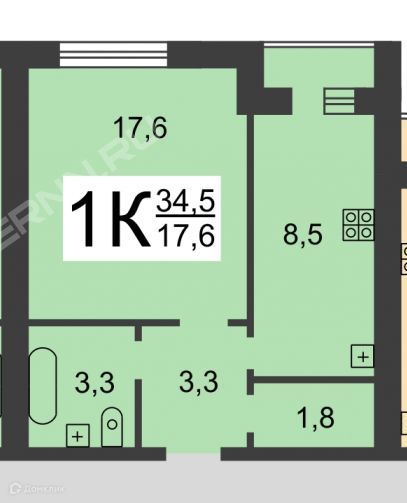 Продаётся 1-комнатная квартира, 34.5 м²