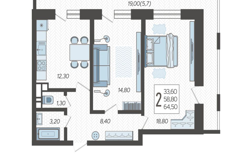 Продаётся 2-комнатная квартира, 64.5 м²