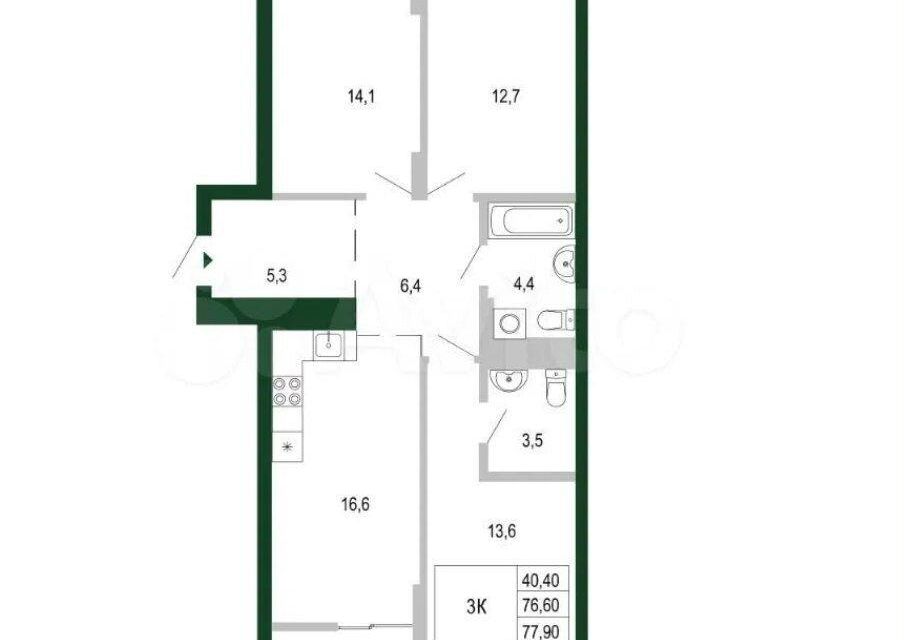 Продаётся 3-комнатная квартира, 77.9 м²