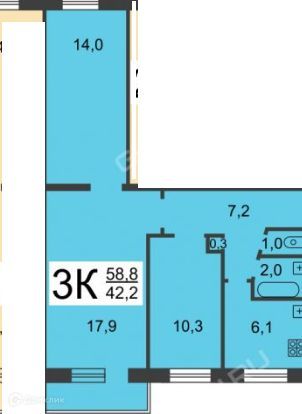 Продаётся 3-комнатная квартира, 58 м²