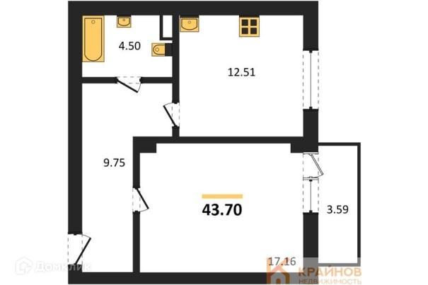Продаётся 1-комнатная квартира, 43.7 м²