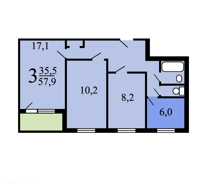 Продаётся 3-комнатная квартира, 56.9 м²