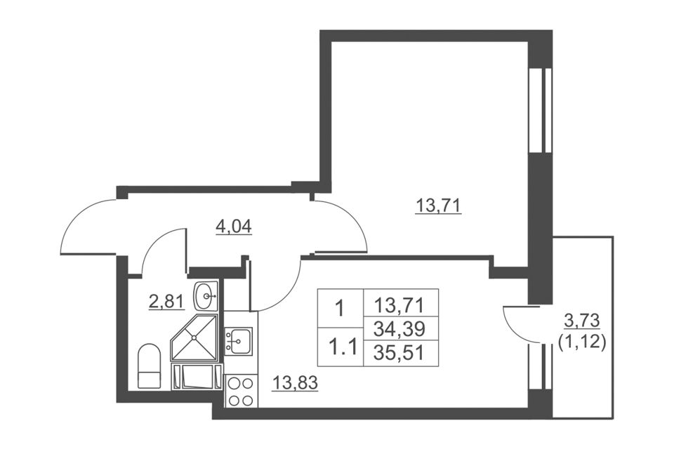Продаётся 1-комнатная квартира, 35.51 м²