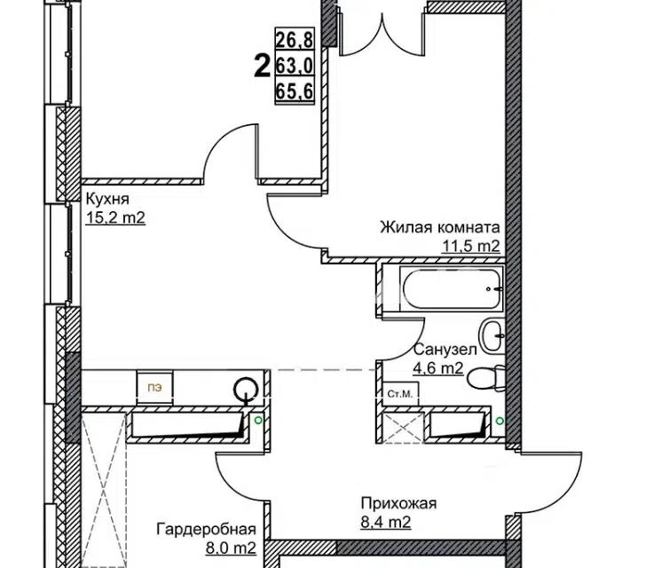 Продаётся 2-комнатная квартира, 65.2 м²
