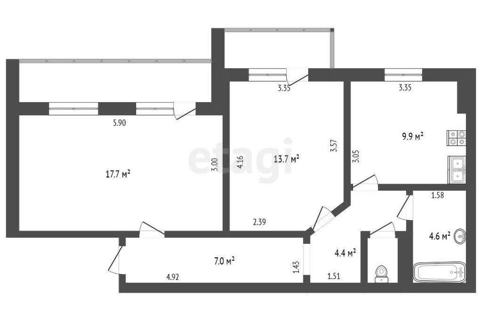 Продаётся 2-комнатная квартира, 63.9 м²