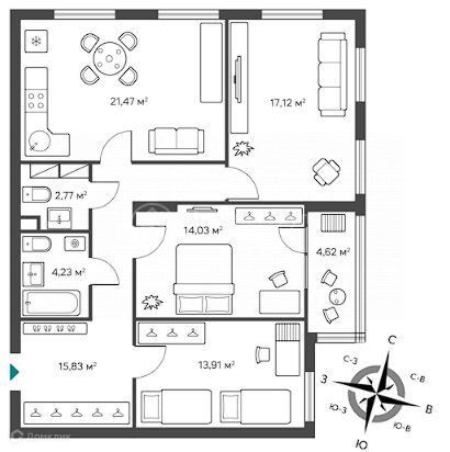 Продаётся 2-комнатная квартира, 64.26 м²