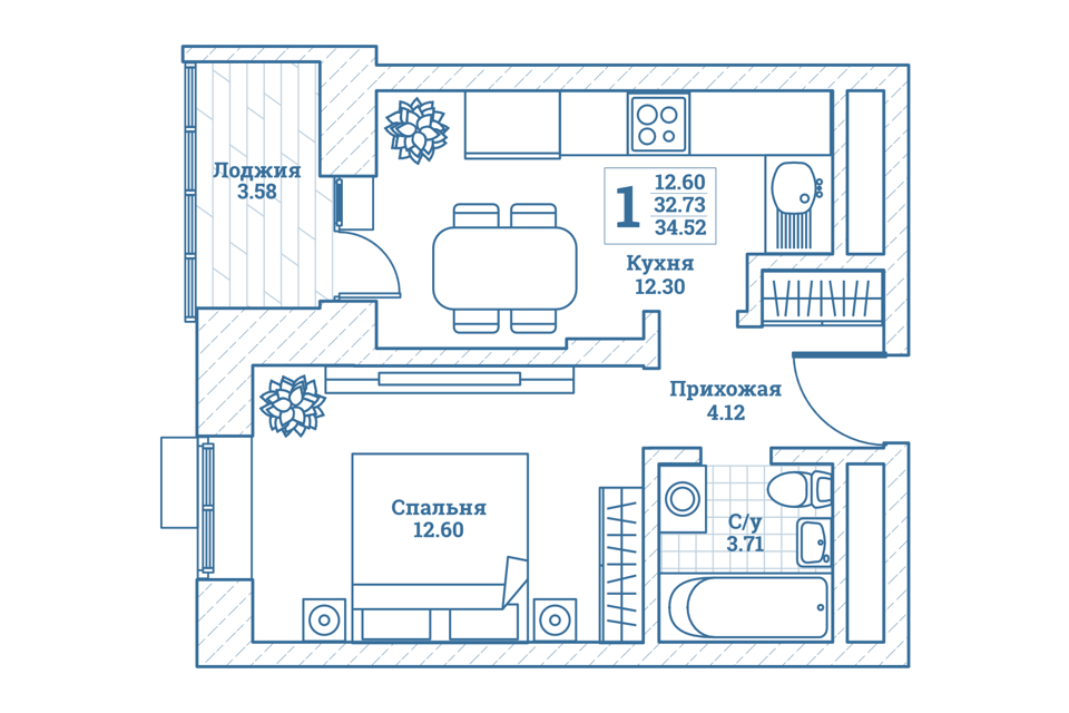 Продаётся 1-комнатная квартира, 34.6 м²
