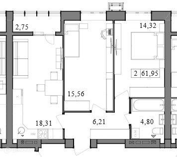 Продаётся 2-комнатная квартира, 61.9 м²