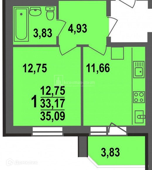 Продаётся 1-комнатная квартира, 35.09 м²