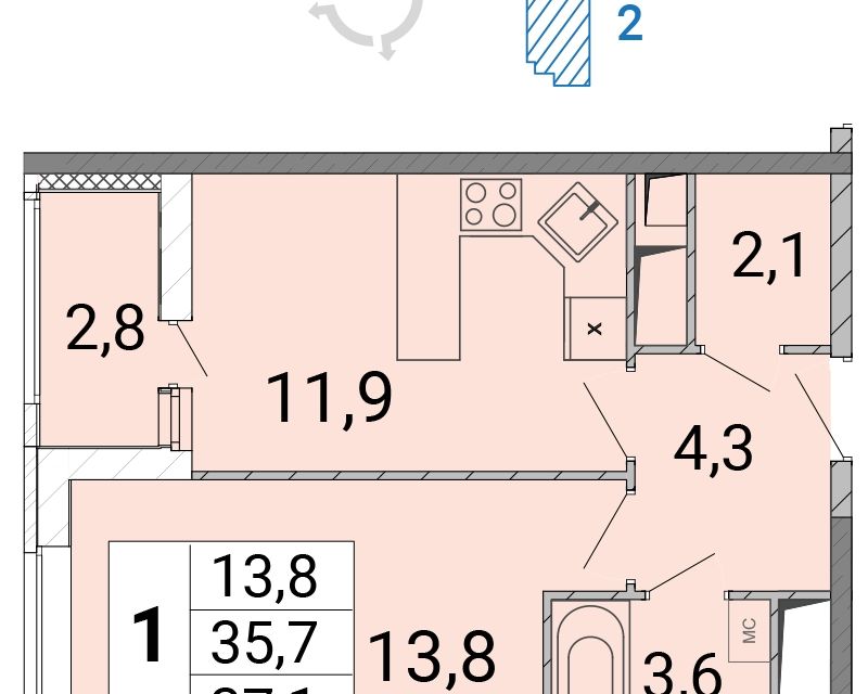 Продаётся 1-комнатная квартира, 37.2 м²