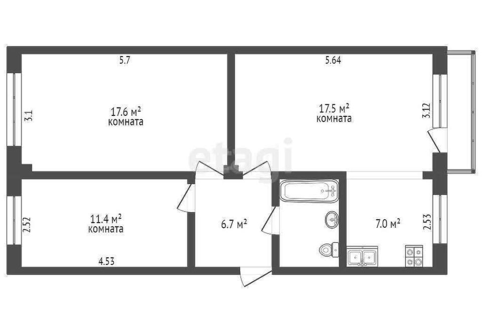 Продаётся 3-комнатная квартира, 62.9 м²
