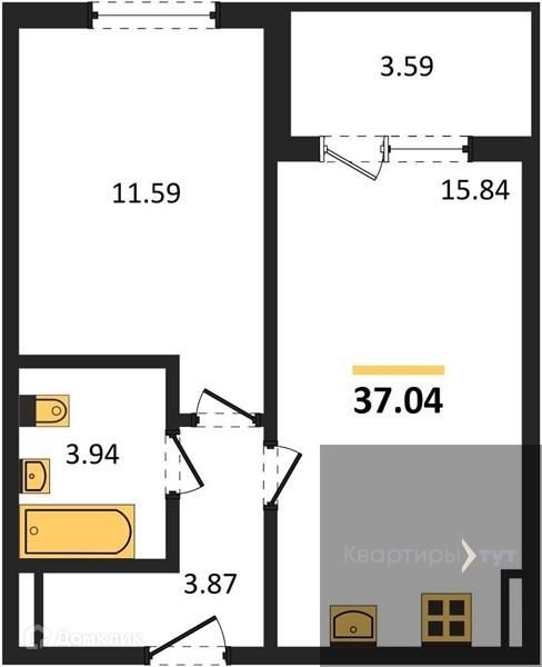 Продаётся 1-комнатная квартира, 37.04 м²