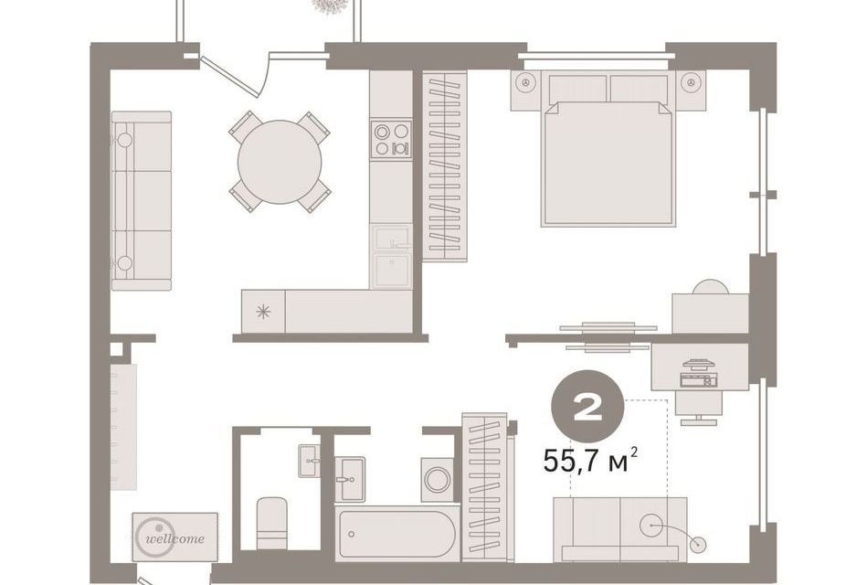 Продаётся 2-комнатная квартира, 55.7 м²