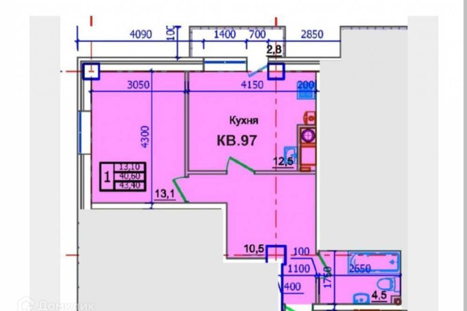 Продаётся 1-комнатная квартира, 43.4 м²