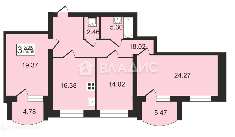 Продаётся 3-комнатная квартира, 104.95 м²