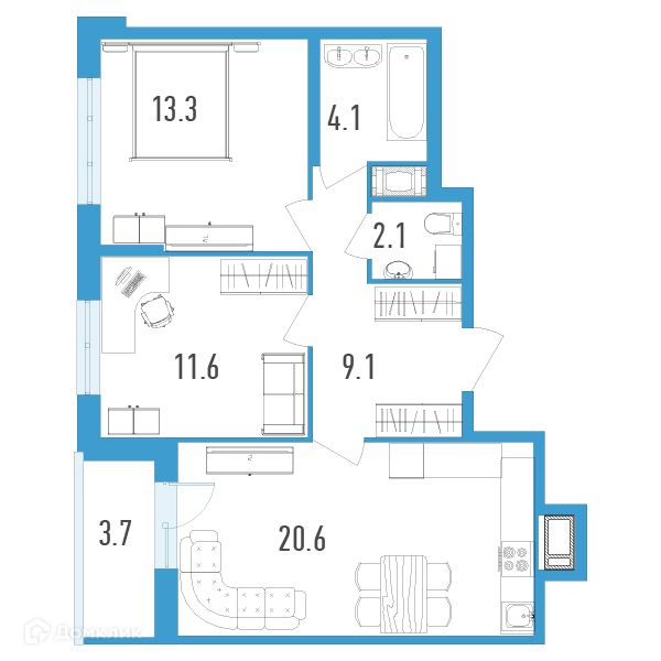 Продаётся 2-комнатная квартира, 62.7 м²