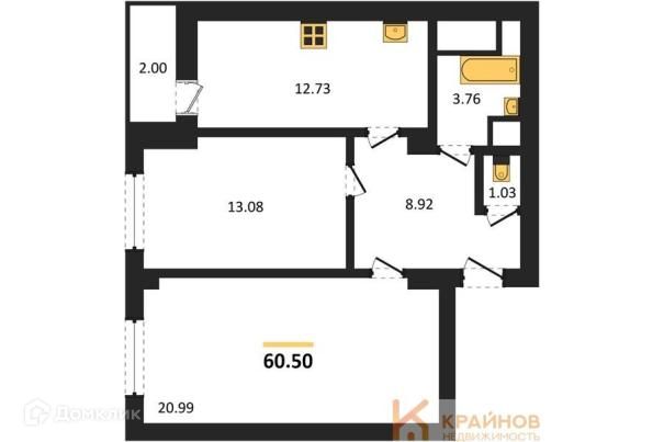 Продаётся 2-комнатная квартира, 60.5 м²