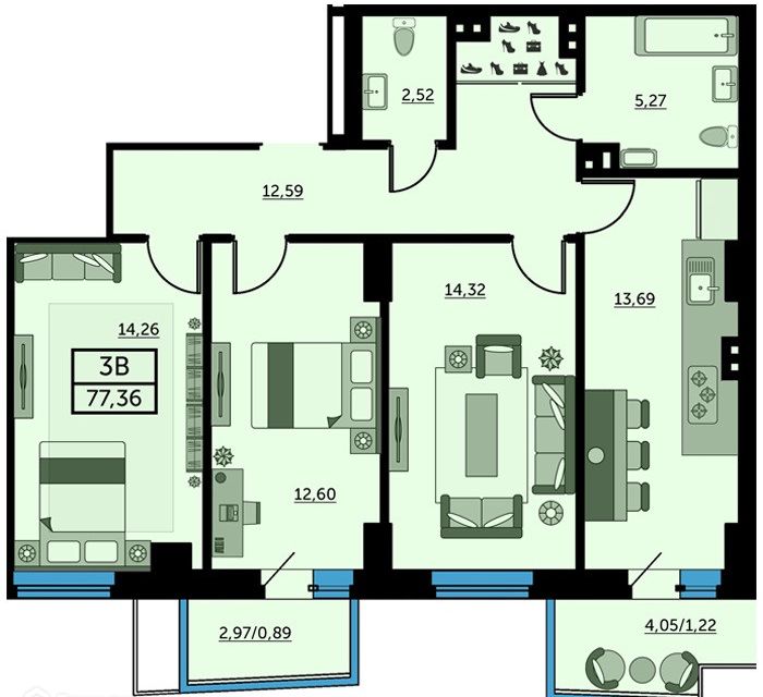 Продаётся 3-комнатная квартира, 77.6 м²