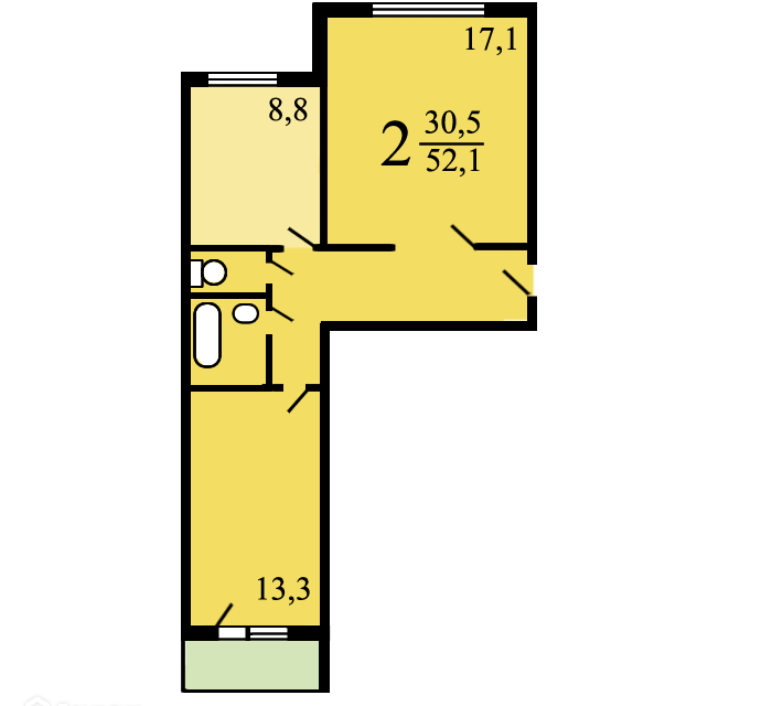 Продаётся 2-комнатная квартира, 52.3 м²