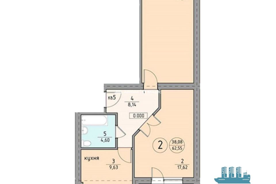 Продаётся 2-комнатная квартира, 62.55 м²