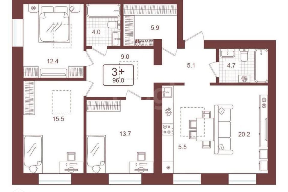 Сдаётся 4-комнатная квартира, 96 м²