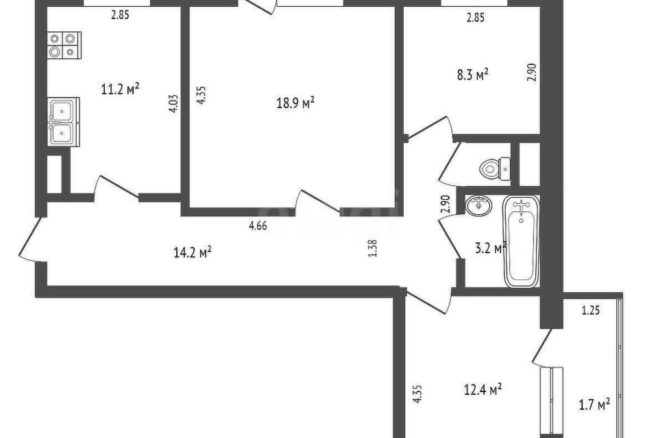 Продаётся 3-комнатная квартира, 69.1 м²