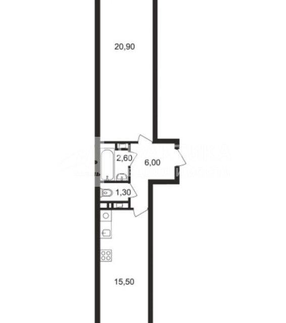 Продаётся 1-комнатная квартира, 46.6 м²