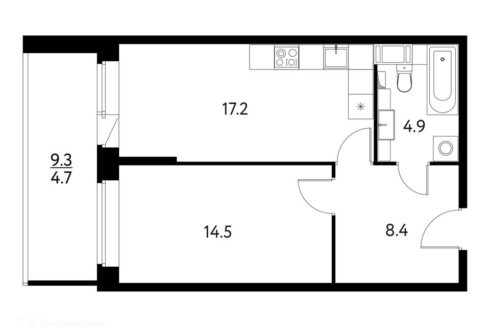 Продаётся 1-комнатная квартира, 49.6 м²