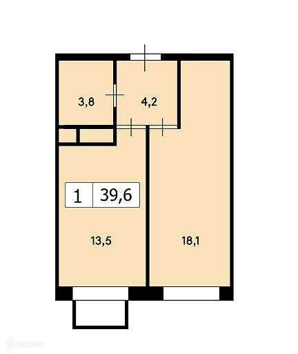 Продаётся 1-комнатная квартира, 39.6 м²