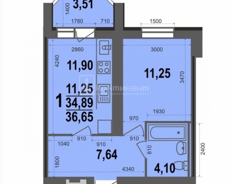 Продаётся 1-комнатная квартира, 36.65 м²