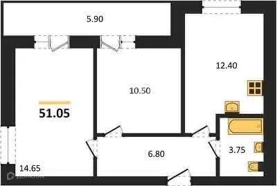 Продаётся 2-комнатная квартира, 51.05 м²