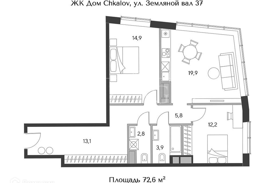 Продаётся 2-комнатная квартира, 72.6 м²