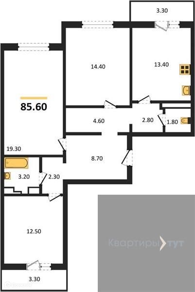 Продаётся 3-комнатная квартира, 85.6 м²