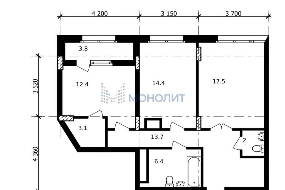 Продаётся 2-комнатная квартира, 73.3 м²