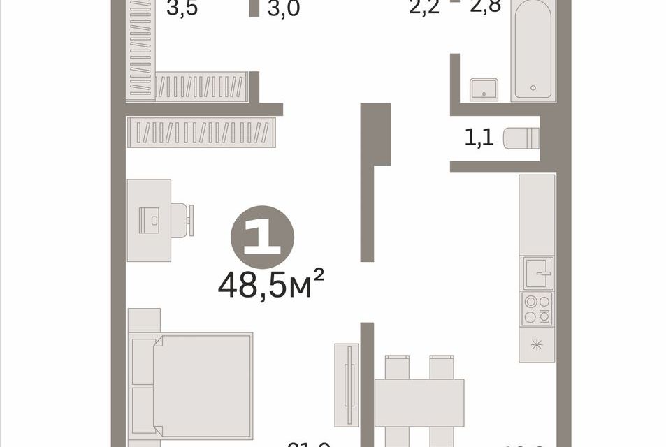 Продаётся 1-комнатная квартира, 48.5 м²