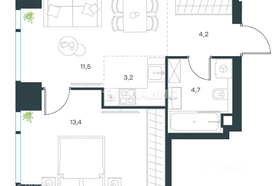 Продаётся 2-комнатная квартира, 37.3 м²