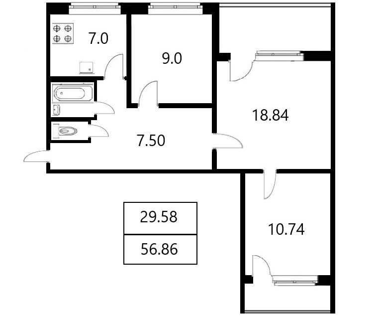 Продаётся 3-комнатная квартира, 57 м²