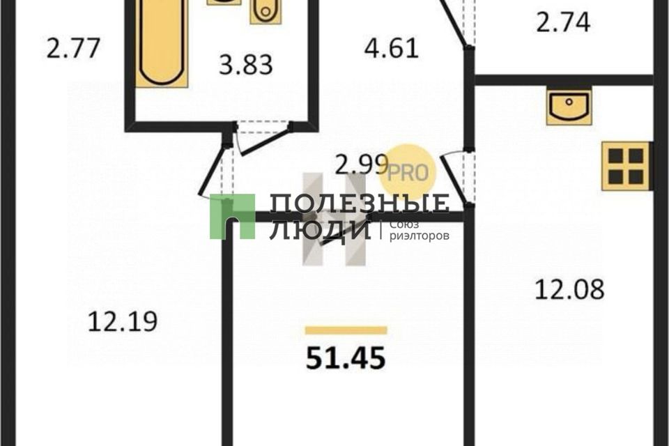 Продаётся 2-комнатная квартира, 51.45 м²