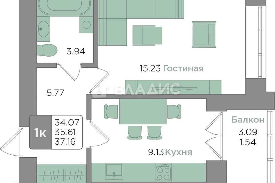 Продаётся 1-комнатная квартира, 35.61 м²