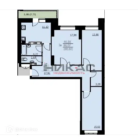 Продаётся 3-комнатная квартира, 88.8 м²