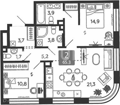 Продаётся 3-комнатная квартира, 65.3 м²