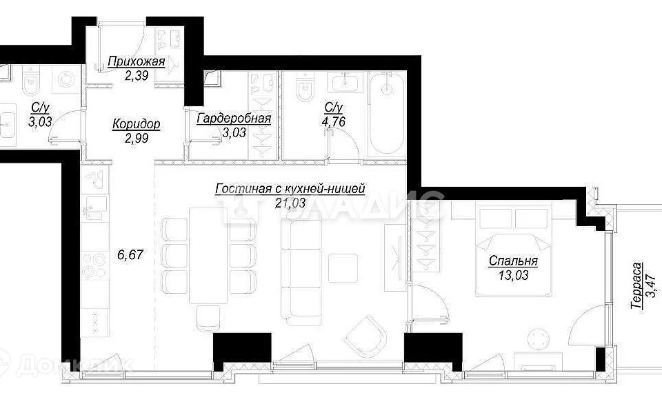 Продаётся 1-комнатная квартира, 58.7 м²