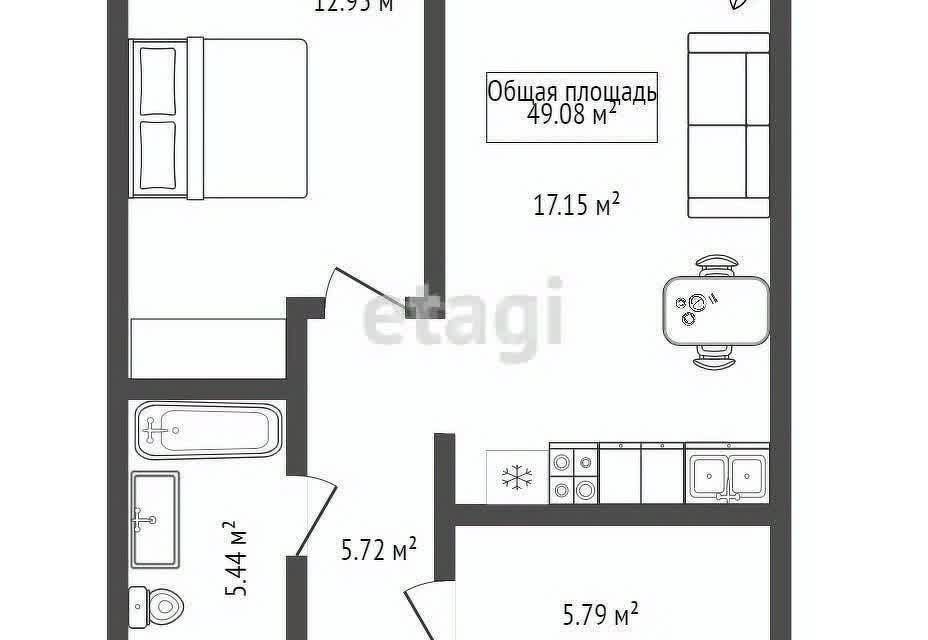 Продаётся 1-комнатная квартира, 49 м²