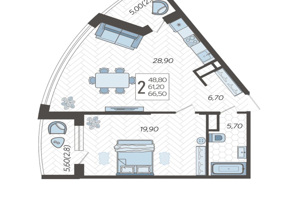 Продаётся 2-комнатная квартира, 66.8 м²