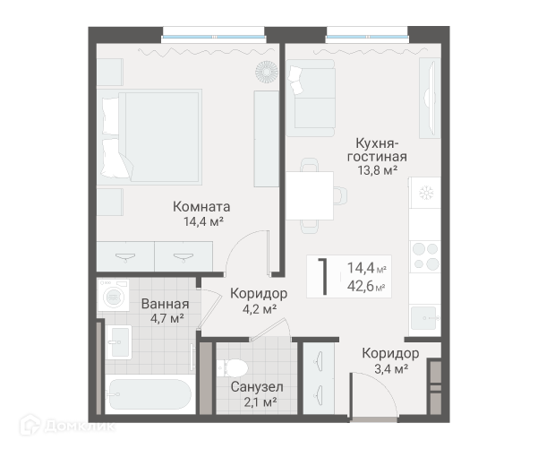 Продаётся 1-комнатная квартира, 42.6 м²