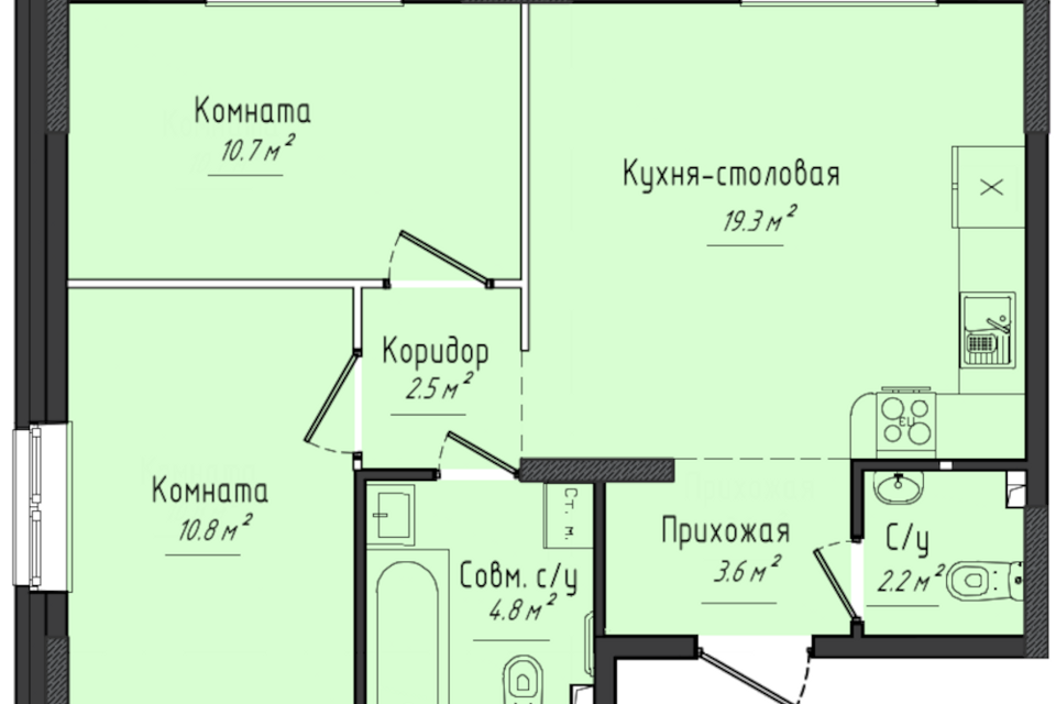 Продаётся 2-комнатная квартира, 53.9 м²
