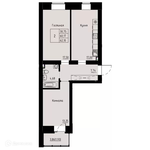 Продаётся 2-комнатная квартира, 62 м²