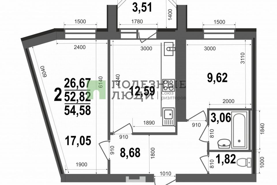 Продаётся 2-комнатная квартира, 54.58 м²